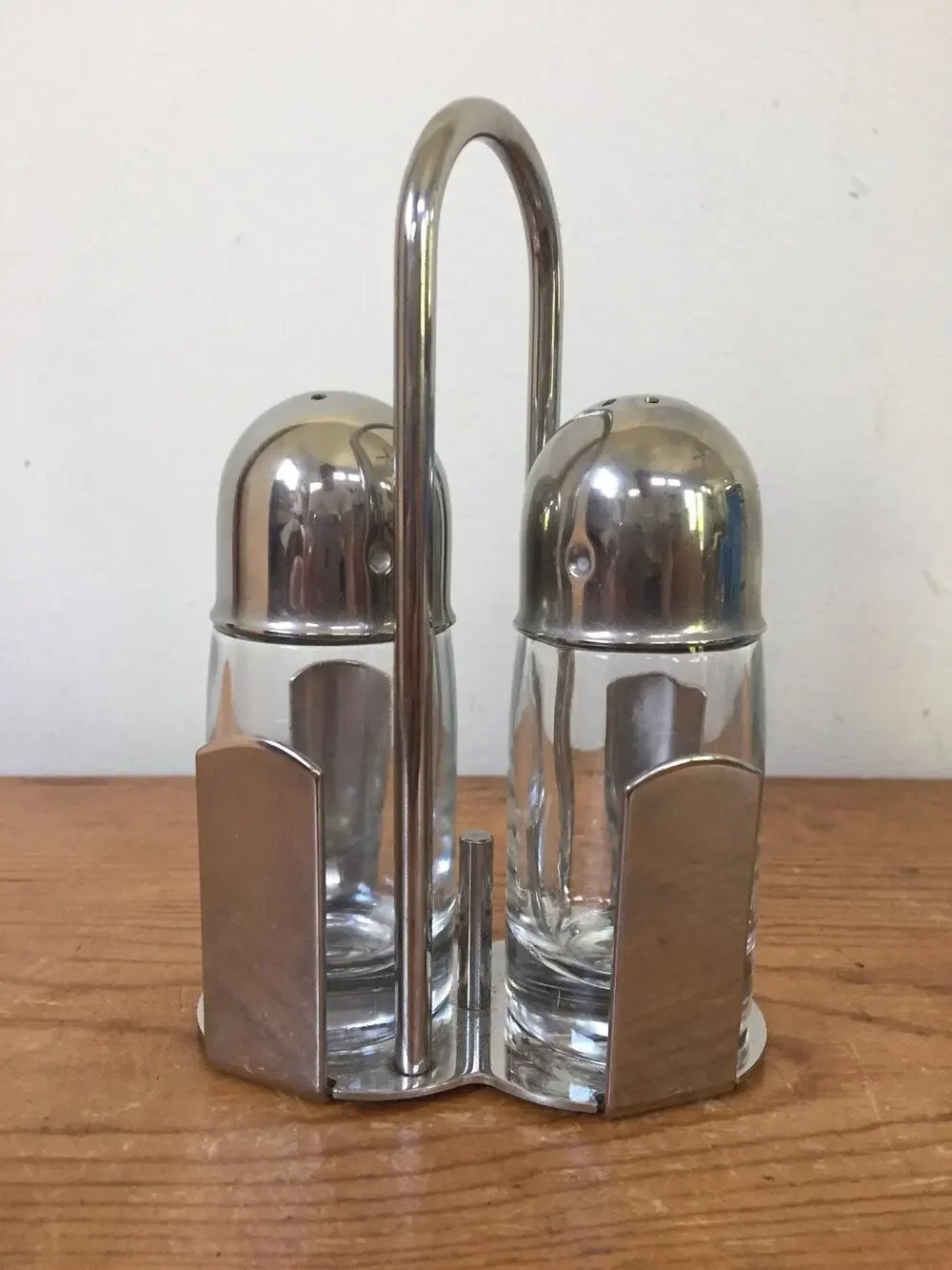 Vintage Art Deco Style Italian Glass Shiny Chrome Salt Pepper Shakers w Stand